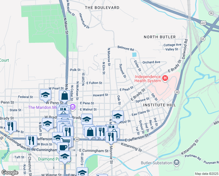 map of restaurants, bars, coffee shops, grocery stores, and more near 321 North Monroe Street in Butler