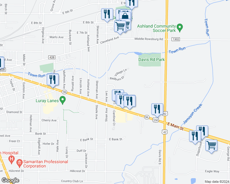 map of restaurants, bars, coffee shops, grocery stores, and more near 1132 East Main Street in Ashland