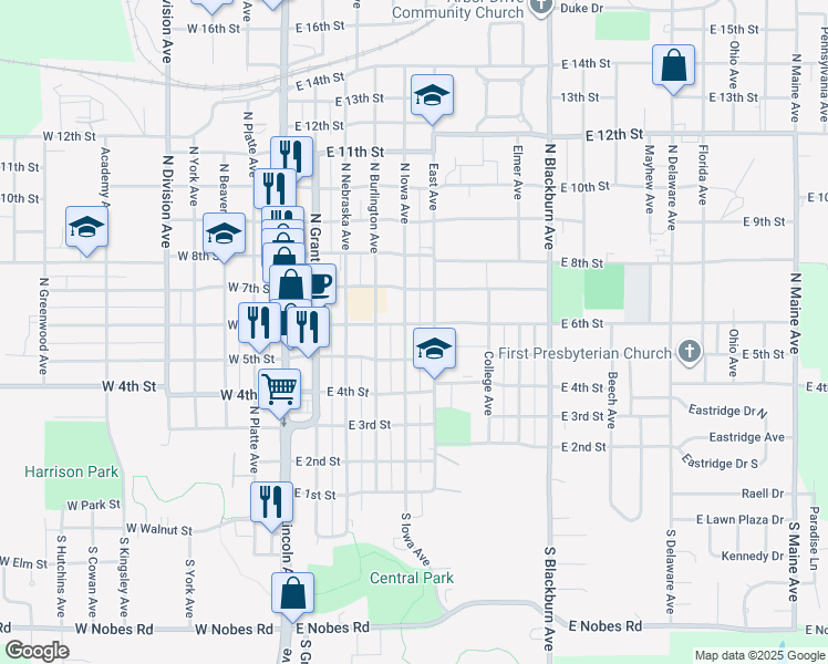 map of restaurants, bars, coffee shops, grocery stores, and more near 501 North Iowa Avenue in York