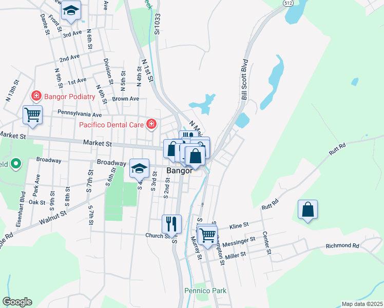 map of restaurants, bars, coffee shops, grocery stores, and more near 35 Broadway in Bangor