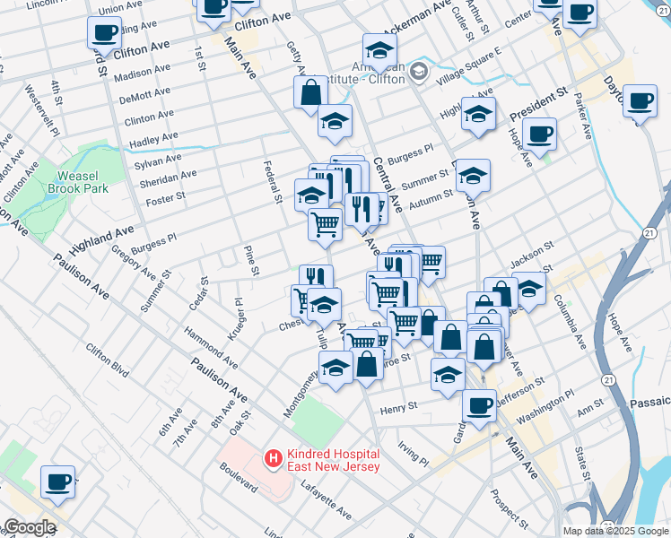 map of restaurants, bars, coffee shops, grocery stores, and more near 146 Myrtle Avenue in Passaic