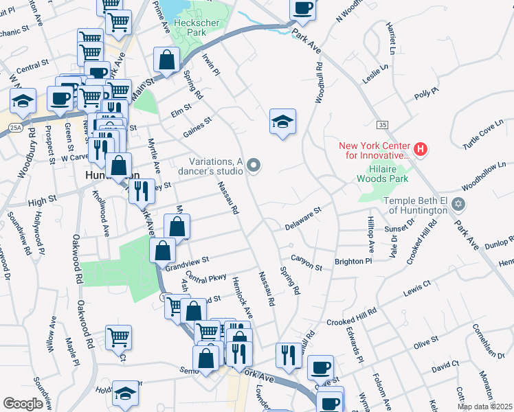 map of restaurants, bars, coffee shops, grocery stores, and more near 220 Spring Road in Huntington