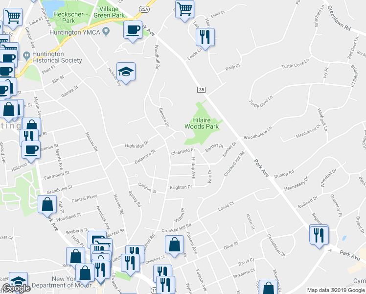 map of restaurants, bars, coffee shops, grocery stores, and more near 59 Sunset Drive in Huntington