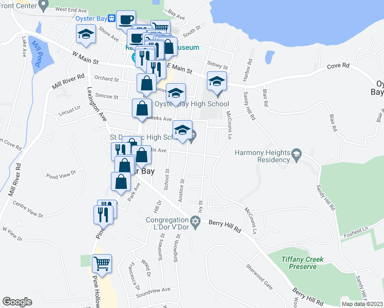 map of restaurants, bars, coffee shops, grocery stores, and more near 111 Ivy Street in Oyster Bay