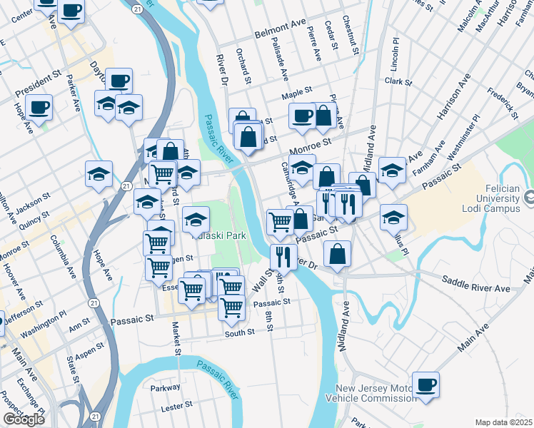 map of restaurants, bars, coffee shops, grocery stores, and more near 230 River Drive in Garfield