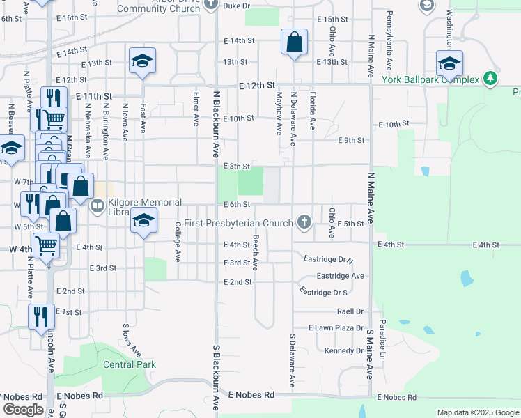 map of restaurants, bars, coffee shops, grocery stores, and more near 1004 East 6th Street in York