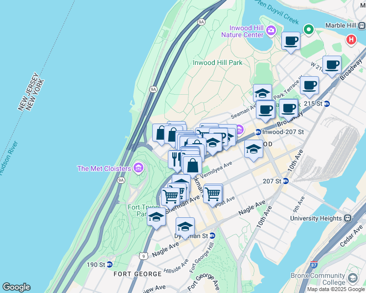 map of restaurants, bars, coffee shops, grocery stores, and more near 4 Seaman Avenue in New York