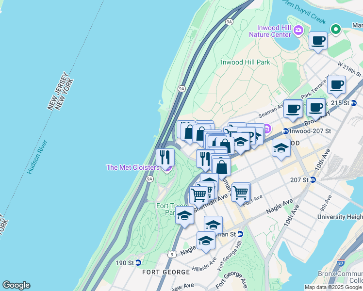 map of restaurants, bars, coffee shops, grocery stores, and more near 1793 Riverside Drive in New York