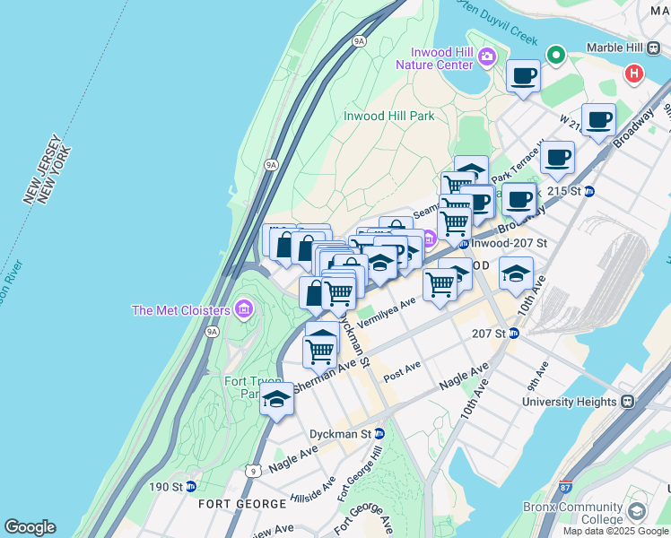 map of restaurants, bars, coffee shops, grocery stores, and more near 22 Seaman Avenue in New York