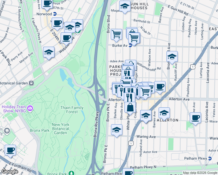 map of restaurants, bars, coffee shops, grocery stores, and more near 2846 Park East in Bronx