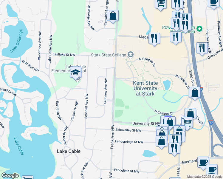 map of restaurants, bars, coffee shops, grocery stores, and more near 5907 Frank Avenue Northwest in North Canton