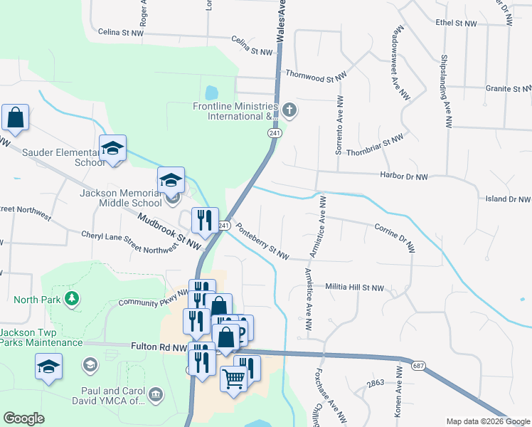 map of restaurants, bars, coffee shops, grocery stores, and more near 5918 Kerry Circle Northwest in Canton