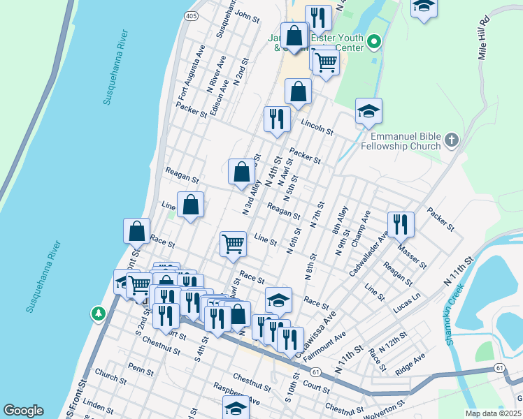 map of restaurants, bars, coffee shops, grocery stores, and more near 460 North 4th Street in Sunbury