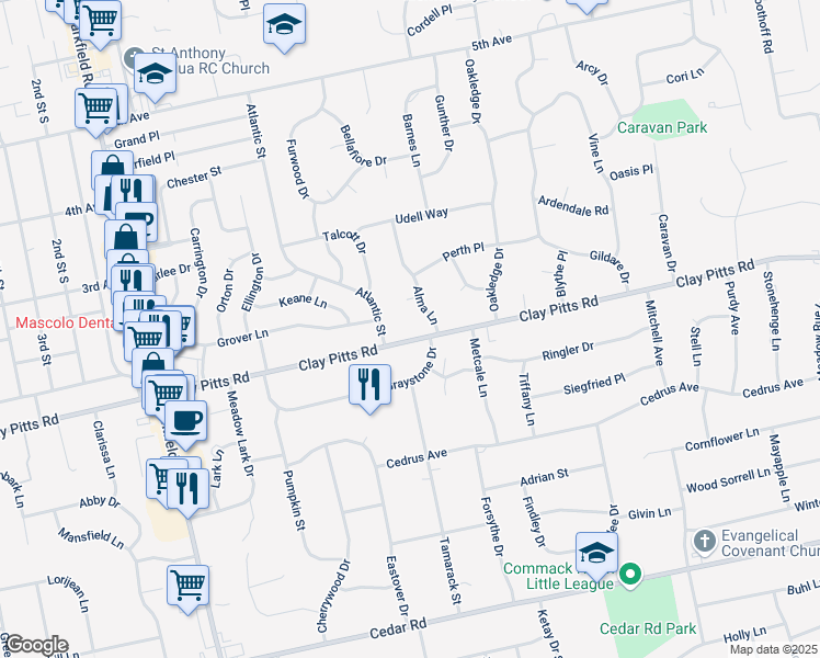 map of restaurants, bars, coffee shops, grocery stores, and more near 347 Clay Pitts Road in East Northport