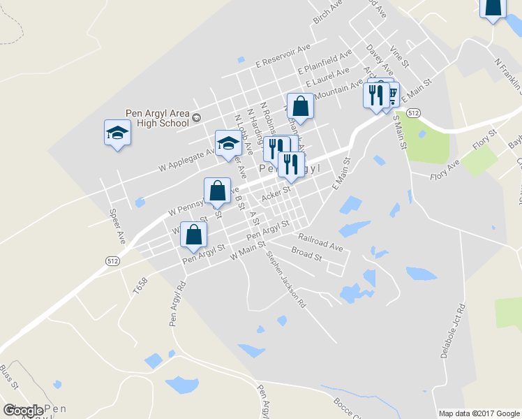 map of restaurants, bars, coffee shops, grocery stores, and more near 209 George Street in Pen Argyl
