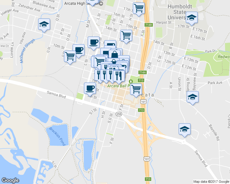 map of restaurants, bars, coffee shops, grocery stores, and more near 780 7th Street in Arcata