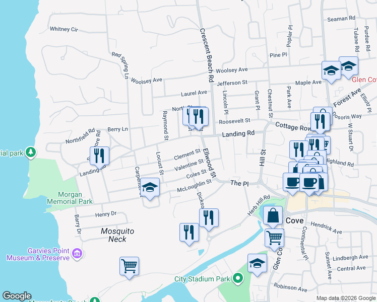 map of restaurants, bars, coffee shops, grocery stores, and more near 75 Landing Road in Glen Cove