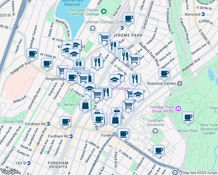 map of restaurants, bars, coffee shops, grocery stores, and more near in The Bronx
