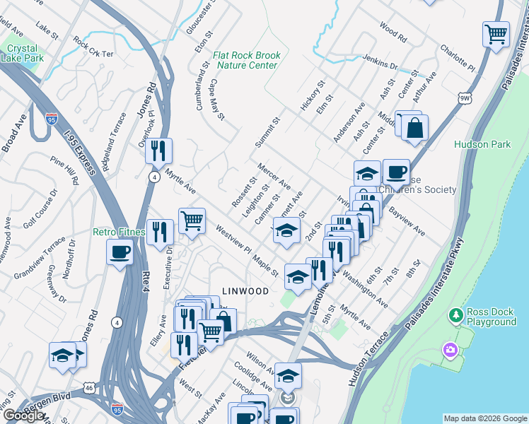 map of restaurants, bars, coffee shops, grocery stores, and more near 2452A Leighton Street in Fort Lee