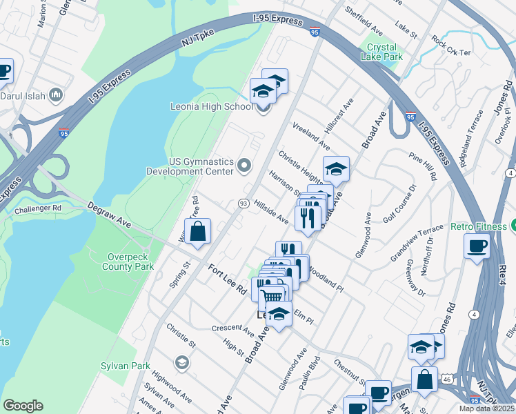map of restaurants, bars, coffee shops, grocery stores, and more near 469 Grand Avenue in Leonia