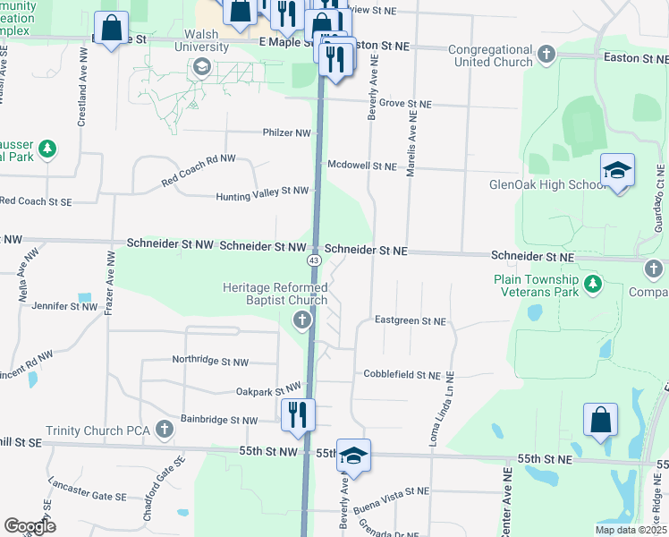 map of restaurants, bars, coffee shops, grocery stores, and more near 708 Schneider Street Northeast in Canton