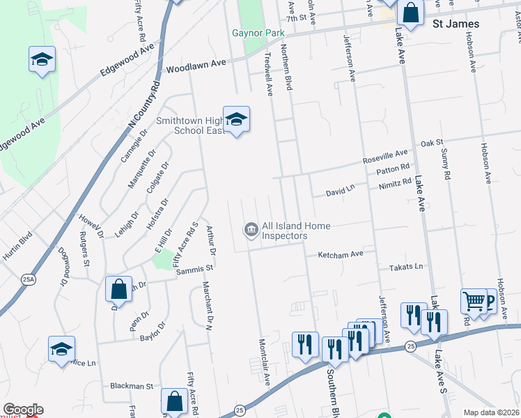 map of restaurants, bars, coffee shops, grocery stores, and more near 157 Saint James Avenue South in Saint James