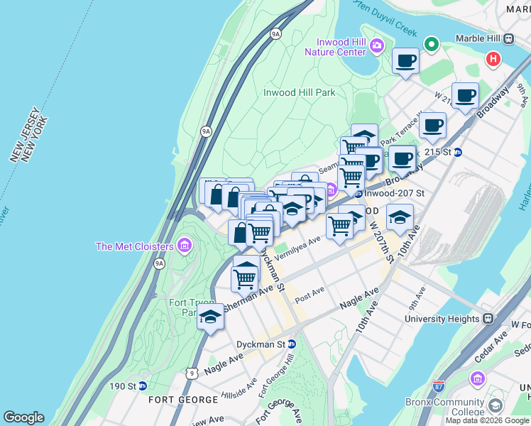 map of restaurants, bars, coffee shops, grocery stores, and more near 23 Seaman Avenue in New York