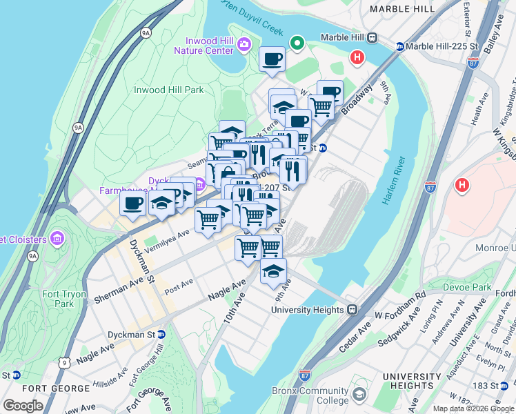 map of restaurants, bars, coffee shops, grocery stores, and more near 540 Isham Street in New York