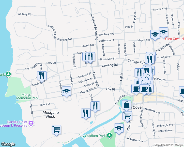 map of restaurants, bars, coffee shops, grocery stores, and more near 4 Ellwood Street in Glen Cove