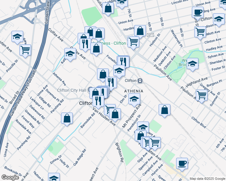 map of restaurants, bars, coffee shops, grocery stores, and more near in Clifton