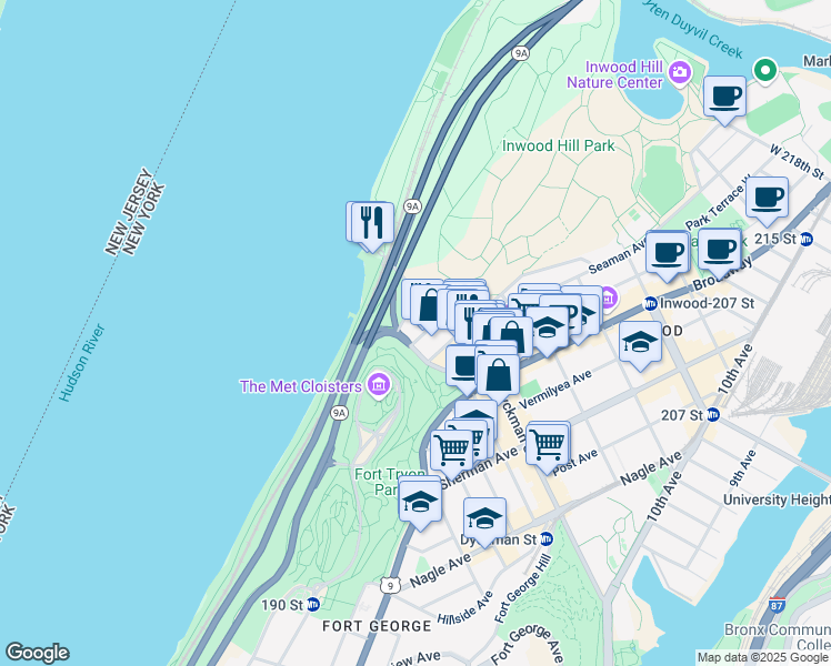 map of restaurants, bars, coffee shops, grocery stores, and more near 25 Staff Street in New York