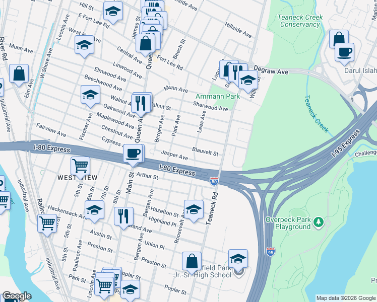 map of restaurants, bars, coffee shops, grocery stores, and more near 84 Maple Street in Teaneck