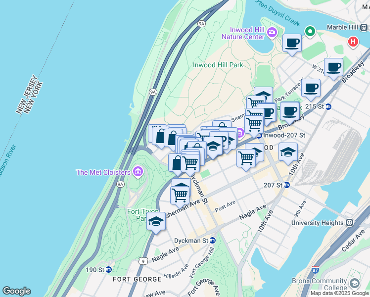 map of restaurants, bars, coffee shops, grocery stores, and more near 20 Seaman Avenue in New York