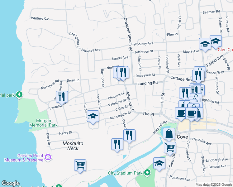 map of restaurants, bars, coffee shops, grocery stores, and more near 75 Landing Road in Glen Cove