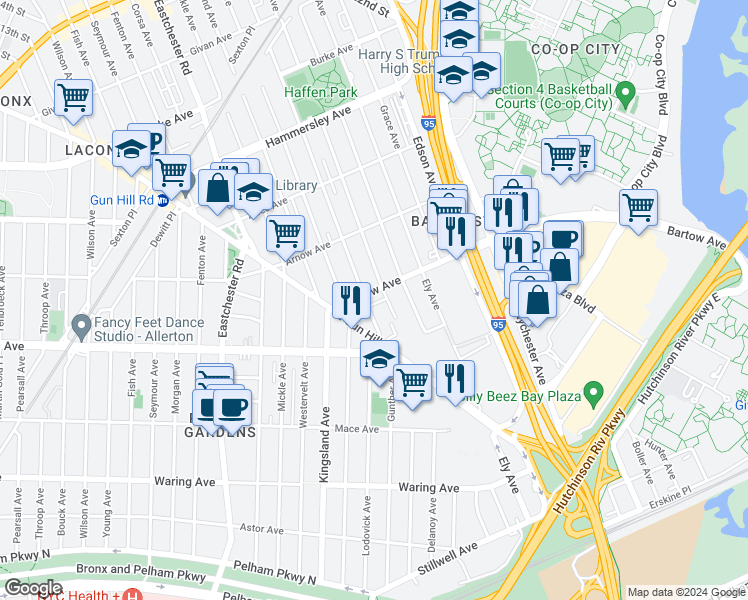 map of restaurants, bars, coffee shops, grocery stores, and more near 1756 Bartow Avenue in Bronx