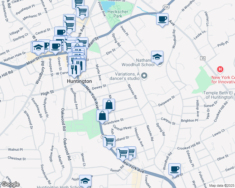map of restaurants, bars, coffee shops, grocery stores, and more near 62 Sammis Street in Huntington