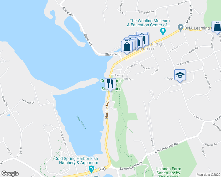 map of restaurants, bars, coffee shops, grocery stores, and more near 99 Harbor Road in Cold Spring Harbor