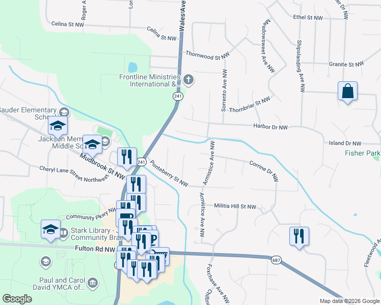 map of restaurants, bars, coffee shops, grocery stores, and more near 6890 Salerno Street Northwest in Canton
