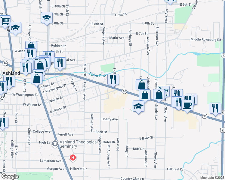 map of restaurants, bars, coffee shops, grocery stores, and more near 9 Holbrook Street in Ashland