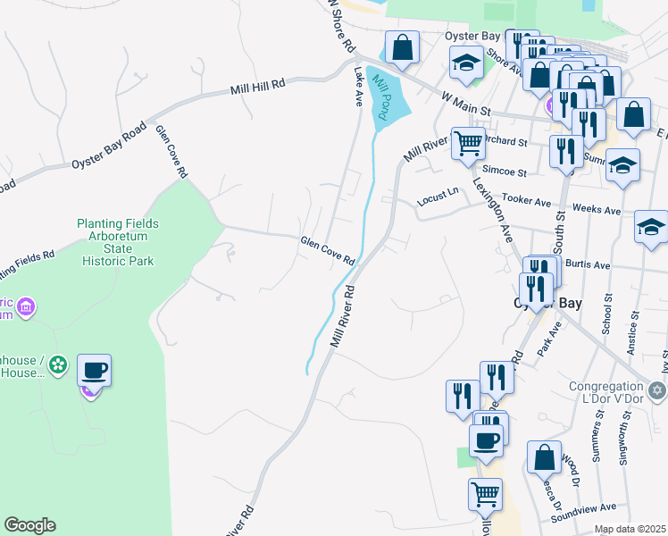 map of restaurants, bars, coffee shops, grocery stores, and more near 7 Glen Cove Road in Oyster Bay