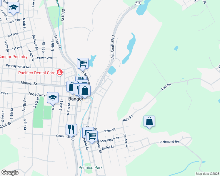 map of restaurants, bars, coffee shops, grocery stores, and more near 223 North Northampton Street in Bangor