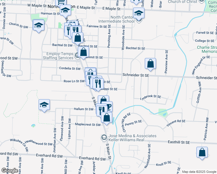 map of restaurants, bars, coffee shops, grocery stores, and more near 314 Rose Lane Street Southwest in North Canton