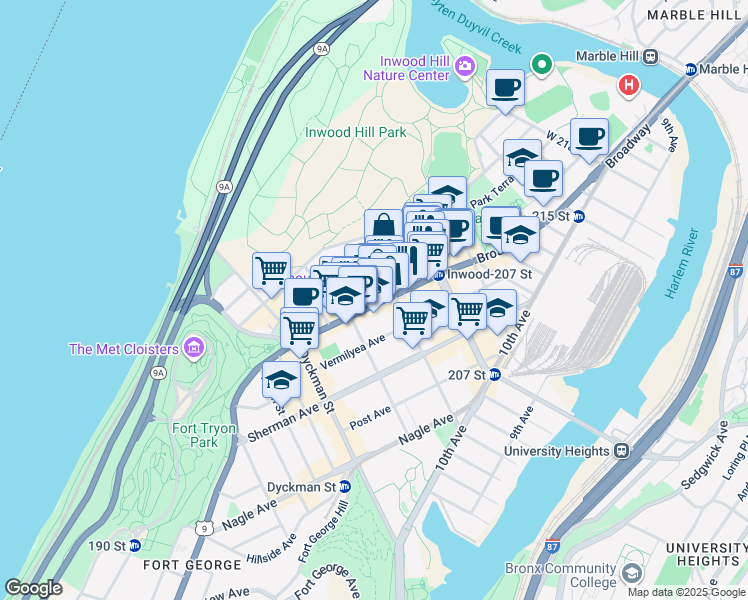 map of restaurants, bars, coffee shops, grocery stores, and more near 4863 Broadway in New York