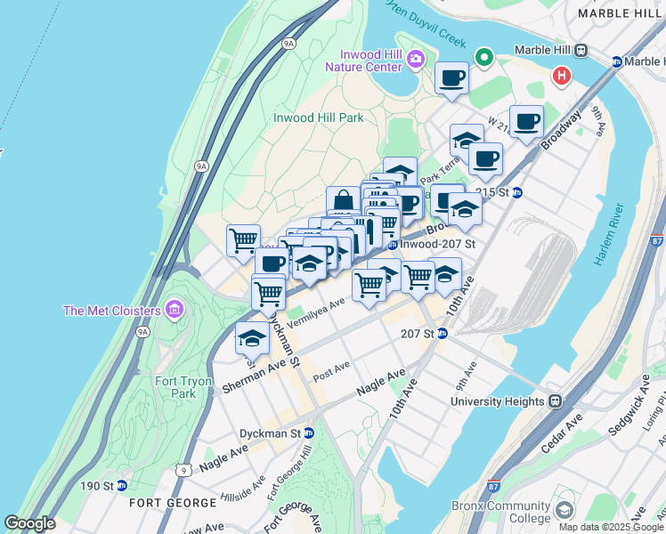 map of restaurants, bars, coffee shops, grocery stores, and more near 10 Cooper Street in New York