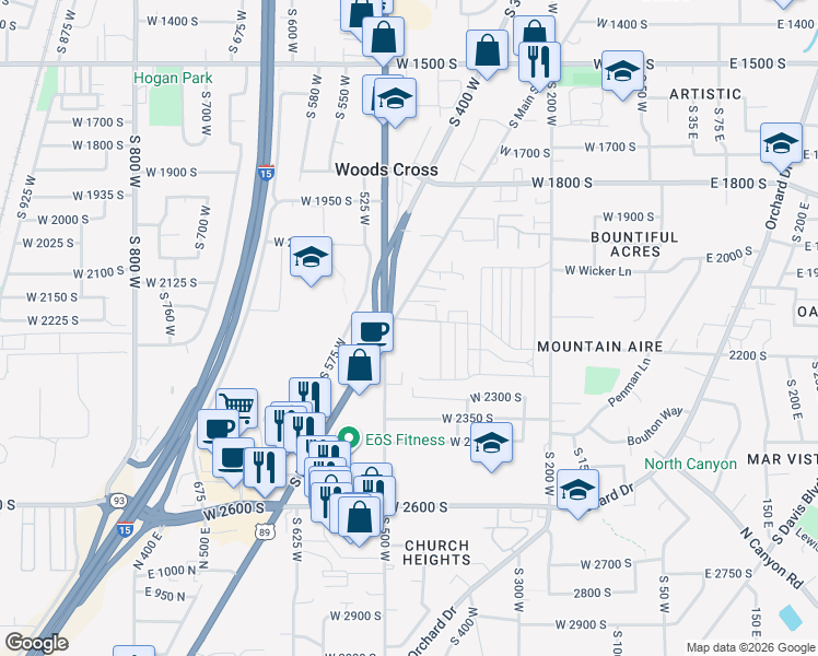 map of restaurants, bars, coffee shops, grocery stores, and more near 2275 South Main Street in Bountiful
