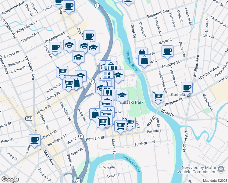 map of restaurants, bars, coffee shops, grocery stores, and more near 167 3rd Street in Passaic