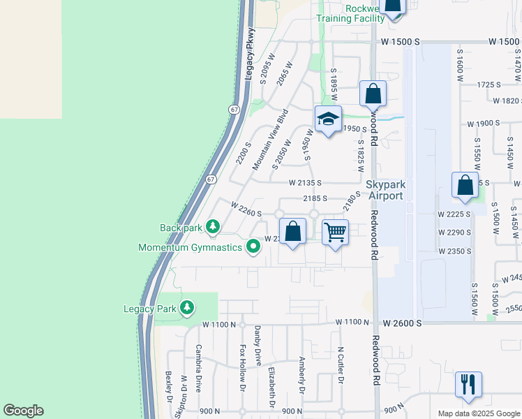 map of restaurants, bars, coffee shops, grocery stores, and more near 2084 West 2260 South in Woods Cross