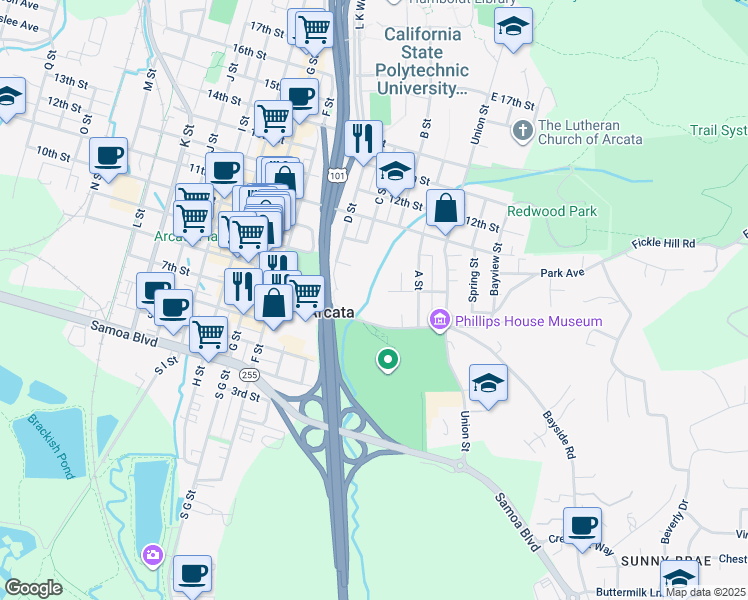 map of restaurants, bars, coffee shops, grocery stores, and more near 380 9th Street in Arcata