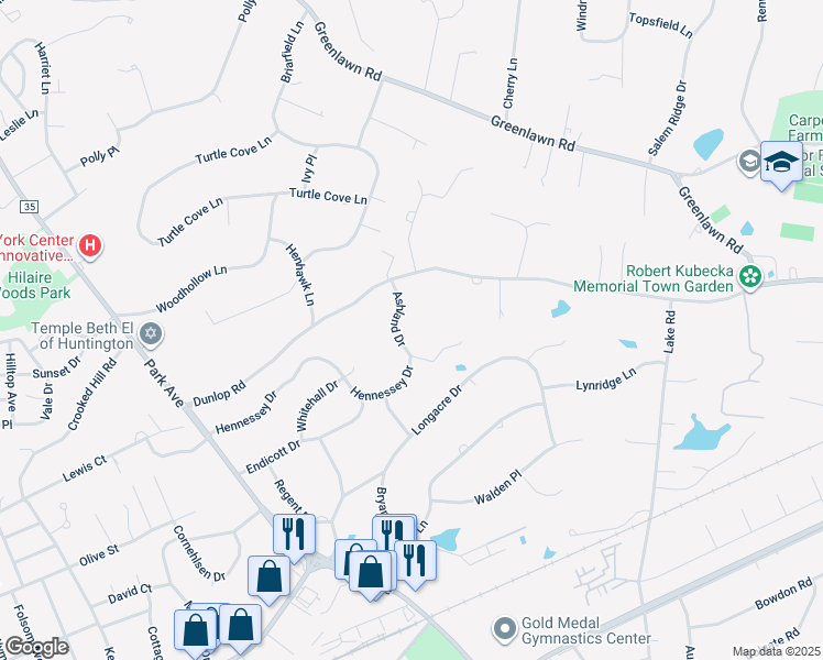 map of restaurants, bars, coffee shops, grocery stores, and more near 10 Ashland Drive in Huntington