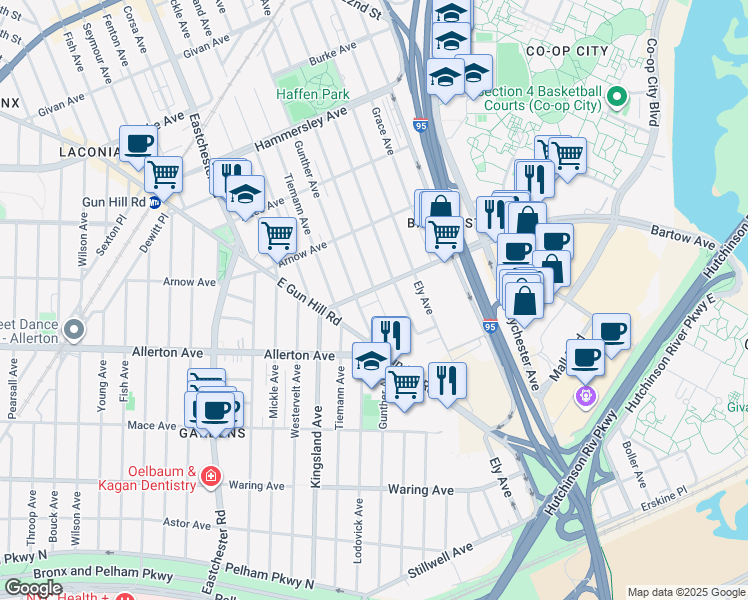 map of restaurants, bars, coffee shops, grocery stores, and more near 1809 Bartow Avenue in The Bronx